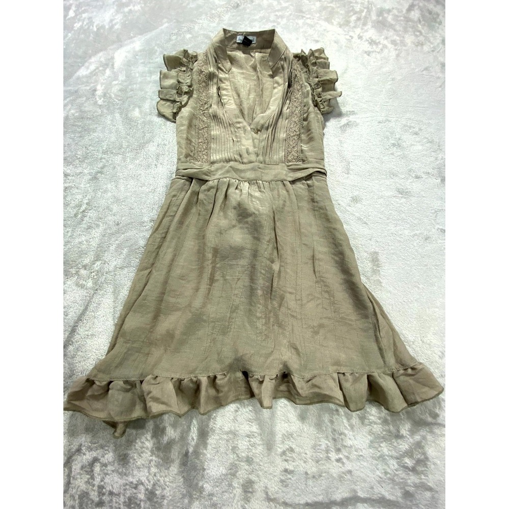 Body Central Mini Dress Womens Olive Pleated Ruffled Sleeves V-Neck Tie Waist - Picture 4 of 8